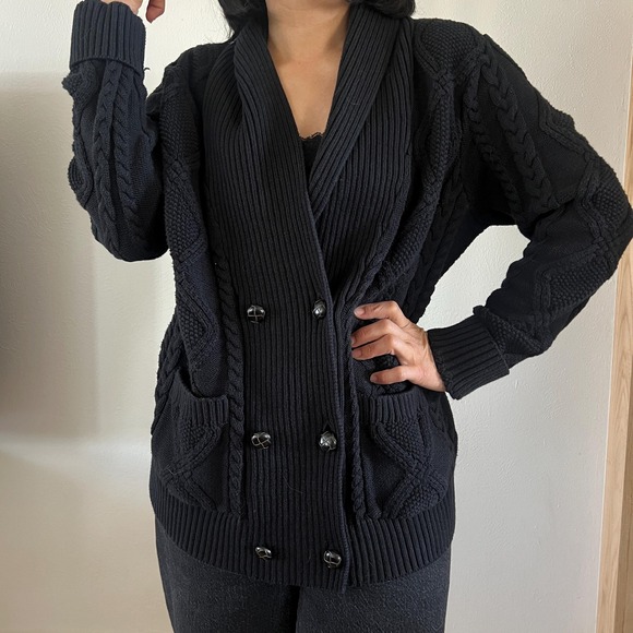 90s black grandpa sweater button down shawl collar cable knit cardigan large - Picture 9 of 13